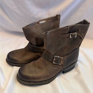 Frye Dark Brown Leather Engineer Combat Boots with Buckles